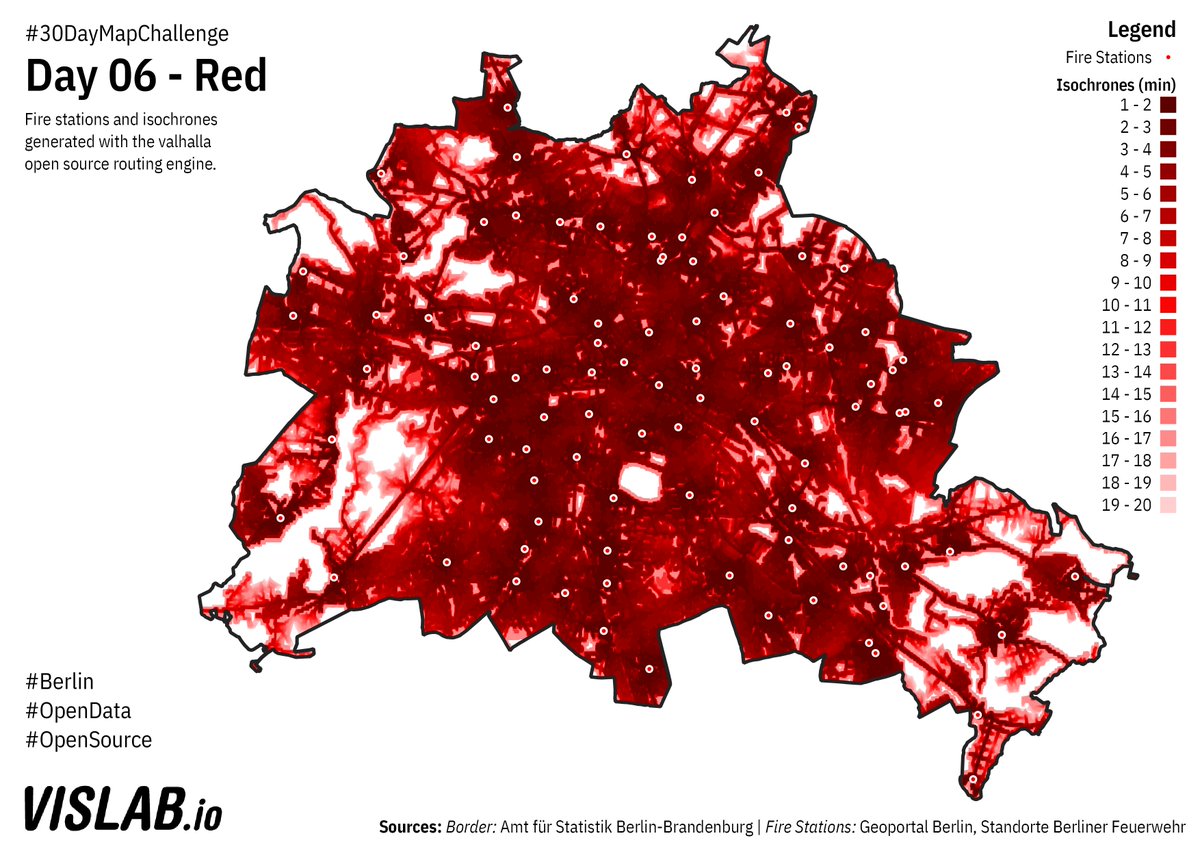 Day 6 of  #30DayMapChallenge : Red. Fire stations with surrounding isochrones (estimated time of arrival). Thought this would look more interesting, but looks like  @Berliner_Fw is nicely distributed. Isochrones done with  @ValhallaRouting Code:  https://github.com/sebastian-meier/ThirtyDayMapChallenge2020/tree/main/maps/06