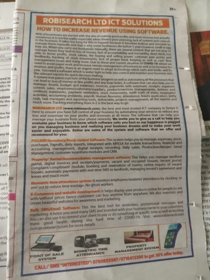 DARSIL254's tweet image. @robisearch explains how you can use TECHNOLOGY to increase Profit and Revenue in your business in today's The Star Magazine pg31.Grab a copy to read more.Call0716413386/0780655987 robisearch.com #DigitikaNaROBISEARCH
#EnoughIsEnough
#TrumpMeltdown
#MaishaConcertFriday