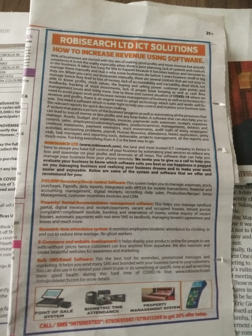 DARSIL254's tweet image. @robisearch explains how you can use TECHNOLOGY to increase Profit and Revenue in your business in today's The Star Magazine pg31.Grab a copy to read more.Call0716413386/0780655987 robisearch.com #DigitikaNaROBISEARCH
#EnoughIsEnough
#TrumpMeltdown
#MaishaConcertFriday