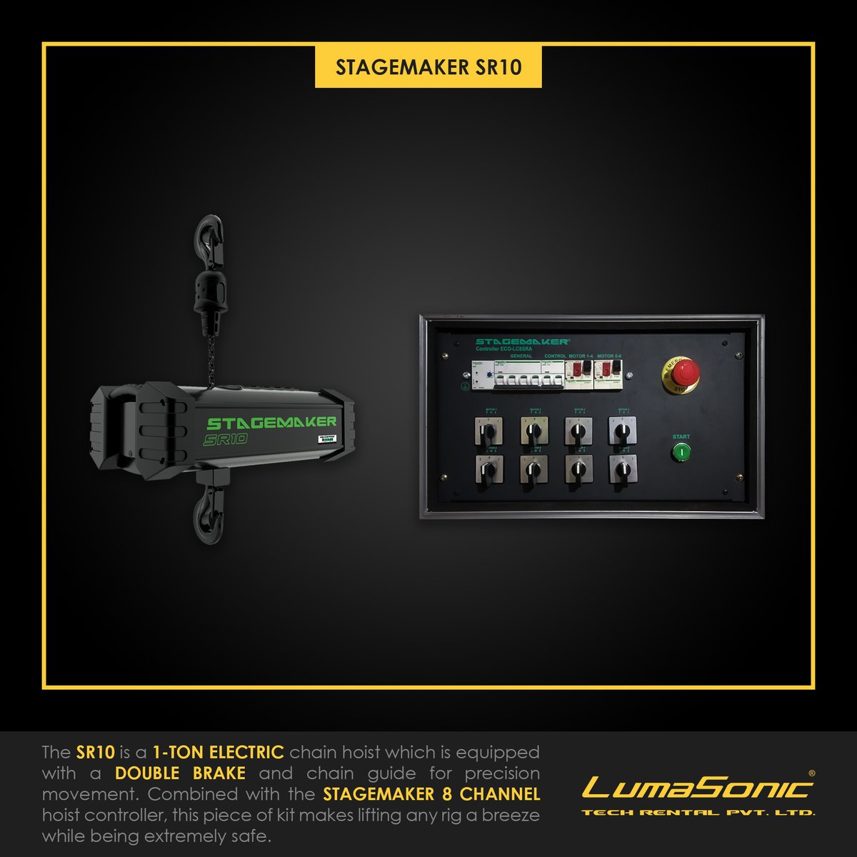 lumasonicgoa's tweet photo. The Stagemaker SR10 Electric Chain Hoist and its controller makes it effortless to raise and lower truss structures.
#lumasonic #goa #eventtech #corporateevents #weddings #concerts #liveevents #stagetruss #eventrigging #lightingtruss #stagecrew #techteam #stagemaker https://t.co/RWFF5jx8LE