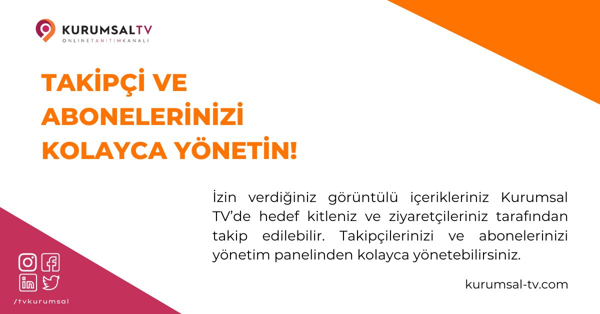 İzin verdiğiniz bütün görüntülü içerikleriniz Kurumsal TV’de hedef kitleniz ve ziyaretçileriniz tarafından takip edilebilir. Takipçilerinizin, video izleyicilerinzin kontrolü sizde kalacak ve işlerinizi kolayca yönetebileceksiniz. 

kurumsal-tv.com 

#itibar #kurumsaltv