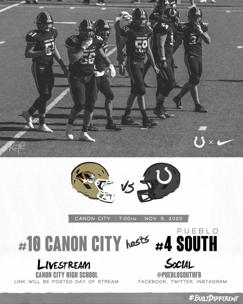 PuebloSouthFB's tweet photo. This weekend’s work schedule:

Friday, November 5th, 2020 - 7:00pm - Canon City Tigers Stadium

#RememberWhyYouStarted #BuiltDifferent #COLTure https://t.co/bpTFMavazk