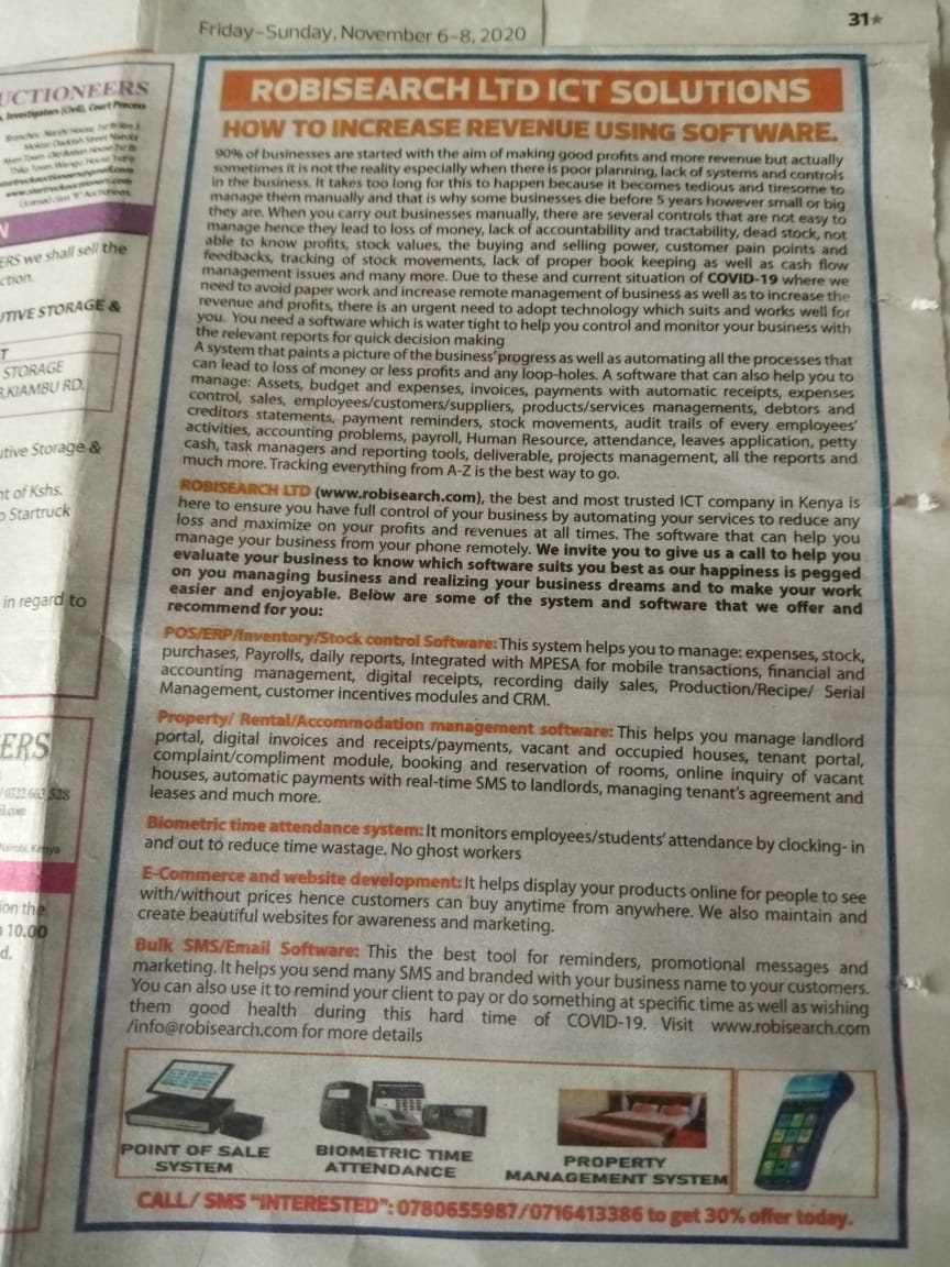 Jaykiluu's tweet image. Watu usiwachwe nyuma
Grab a copy of the Star magazine Pg 31 Robisearch explains how you can maximise profits in your biz. We also offer ERP ,Stock Control/Point of Sale(POS), Accommodation/Rental Software, Bulk SMS, Call0716413386/0780655987 #DigitikaNaROBISEARCH