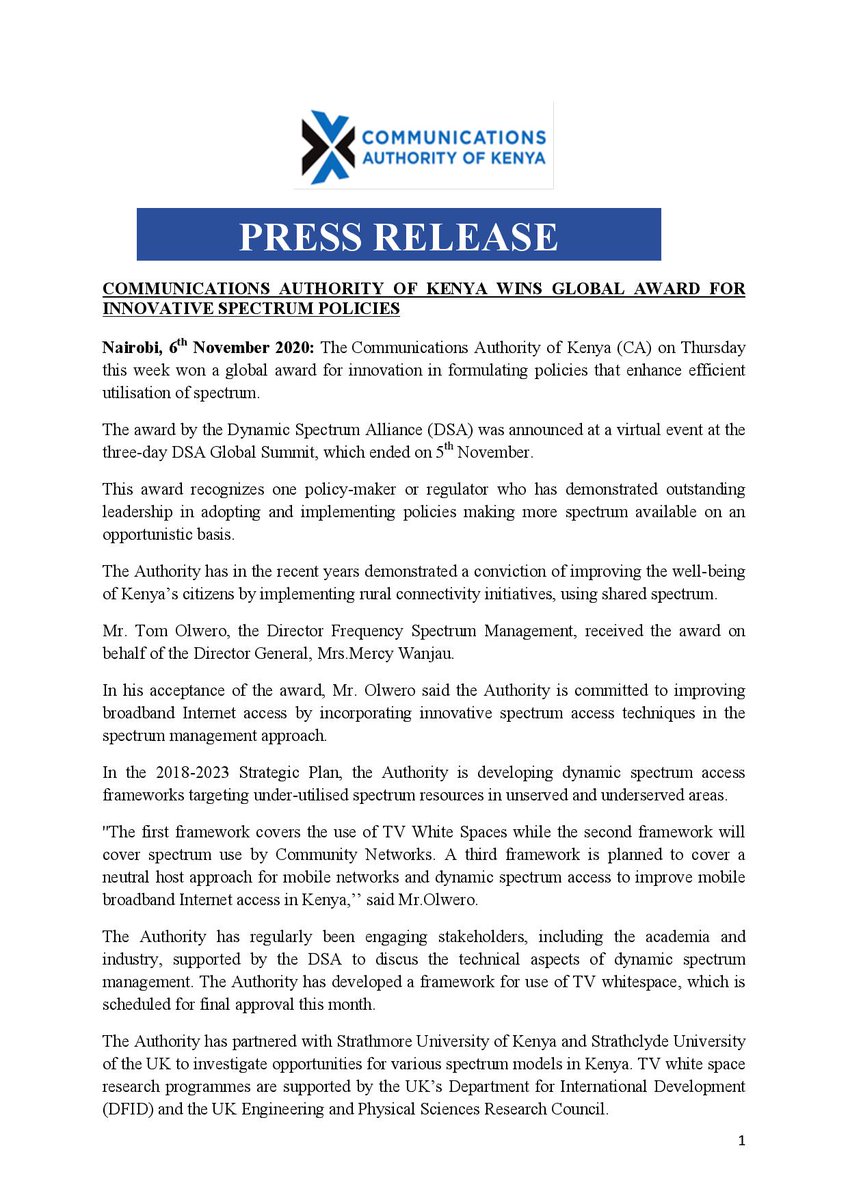 CA_Kenya's tweet photo. Press Release: CA Wins Global Award for Innovative Spectrum Policies. @NationBreaking @TheStarKenya @KTNNewsKE @K24Tv @KBCChannel1 @citizentvkenya @ntvkenya @CIOEastAfrica @CADirectorGen @WanjauMercy @MoICTKenya #20YearsOfOpeningYourWorld #CA@20 #DigitallyTransformedNation https://t.co/XCD0ShfsXm