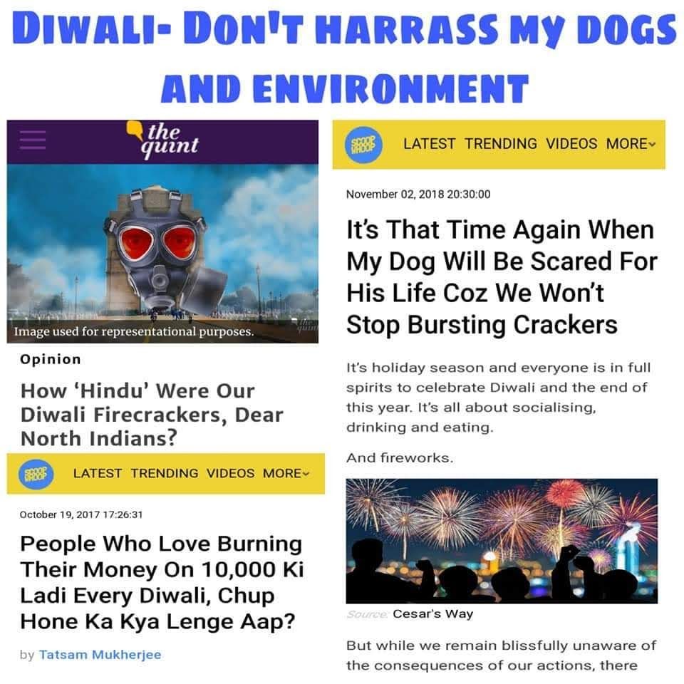 तीसरा है दीवाली भी इनलोगों का पसंदीदा त्योहार है जब ये अपनी नीच मानसिकता दिखाते हैं। इनके कुत्ते डरने लगते हैं,सांस नहीं आती , बहुत पर्यावरण की चिंता होने लगती है इत्यादि।