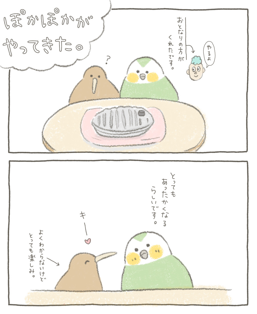 湯たんぽの素晴らしさを知ってしまったカカポとキーウィ ちょろぼー ゆるイラストの漫画