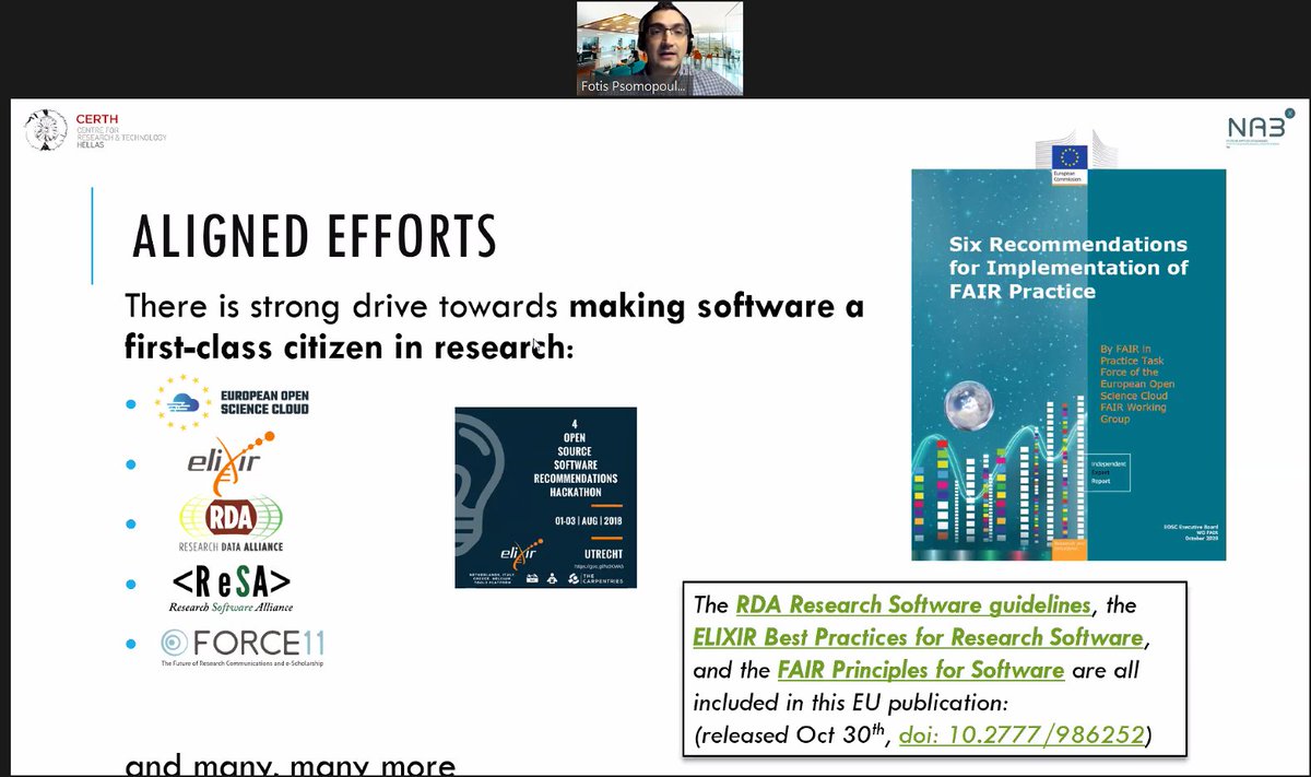 fkarayan's tweet photo. @fopsom stresses the importance of #FAIR #open #software for analysis of #research #data. #EOSC, @resdatall @ELIXIREurope @ResearchSoft activities highlighted. I would add #computing #HTC #cloud as vital in this, as may be underestimated in EOSC 2.0 #covid19 #webinar #RDAgreece https://t.co/WJ6iICUZRk