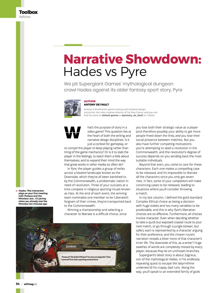 ￼NARRATIVE SHOWDOWNStories! Should games be driven by them, or are they just ways to retain player interest hour after hour? I argue that Hades represents a step backwards for game writing.￼Get the pdf FREE here:  http://wfmag.cc , 44, pp54-5 #gamewriting