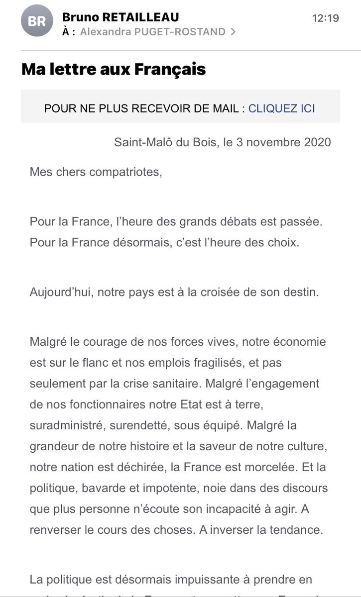 alex_talkabout's tweet image. Mais qui êtes-vous @BrunoRetailleau ??
Je ne sais pas où vous avez acheté mon email mais sachez que jamais je ne me suis abonnée à votre “Lettre au Français” ! 
 #rgdp #donneespersonnelles