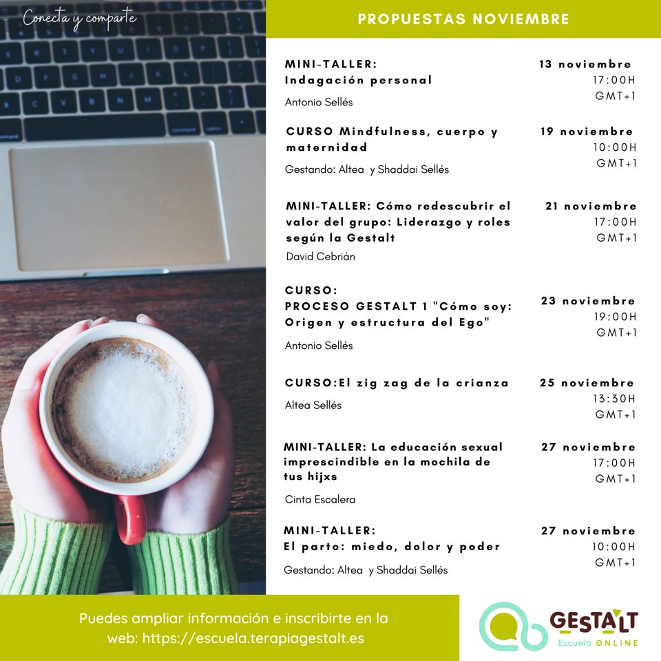 GestaltCastello's tweet photo. ¡Buenos días!

La agenda de actividades que te traemos para NOVIEMBRE es exclusivamente online.

Pincha en el enlace para encontrar la información ampliada:⬇️
https://t.co/OogXoSpYIP https://t.co/yspRoAMjdY