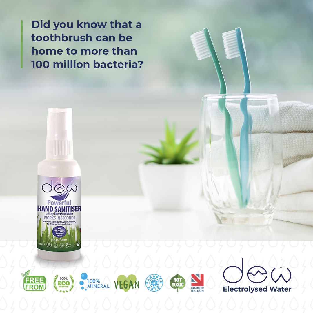 DewProducts's tweet photo. Your toothbrush can harbour millions of bacteria so make sure you regularly disinfect your toothbrush with Dew Hand Sanitier to keep the bacteria away!

#DewProducts #disinfect #cleantoothbrush https://t.co/MagpGELNlU