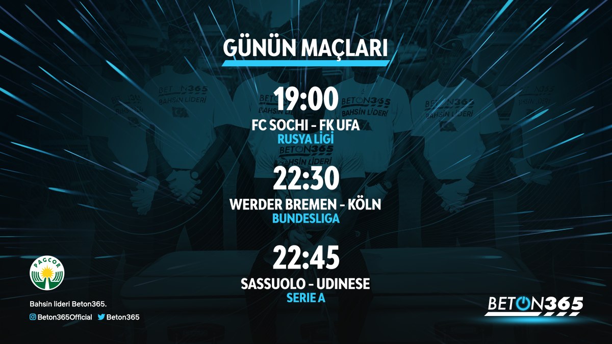 Günün dikkat çeken karşılaşmaları #beton365 ‘de . 

#Limitsiz bonus, limitsiz oranlar, limitsiz çekim . #NZT48

#beton365