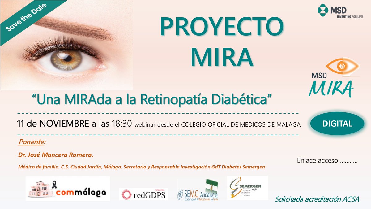 Commalaga's tweet photo. @MSDEspana y Commálaga organizan el curso “Una MIRAda a la Retinopatía Diabética”
+ Info: https://t.co/DDjrNGXCr1
@SEMERGENAndaluz @SEMERGENap @semgandalucia @FatimaSdeRus @redGDPS y @JosManceraRome1 #TuColegio #CursosCommálaga #MSDMIra #MovimientoDiabetes #MSDMIraAndalucia https://t.co/4gCFWZJVOz