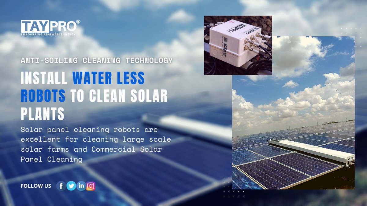 TayPro_Official's tweet photo. Set-up water-free Robots to clean solar panels

TAYPRO robots are designed to eliminate manual cleaning options to high cleaning efficiency, safety measurement, easy handling, and maintenance cost reduction. 

#SolarCleaningCompany #SolarPowerCleaner
https://t.co/Mrx7XiuDhV https://t.co/L6HO2MwGMk