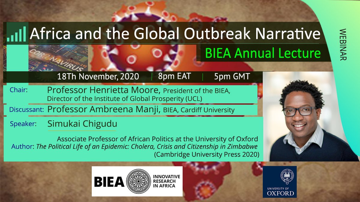 The_BIEA's tweet photo. 💫Interested in Africa and the Covid pandemic? Make sure you join us on the 18th of November do not miss this fascinating talk from Simukai Chigudu! Africa and the Global Outbreak Narrative!💫
@AfrikanStudies @AfricaAtLSE @SOASDevelopment 

👇

https://t.co/xlcCz68xIJ https://t.co/EEJdQaE1Zj