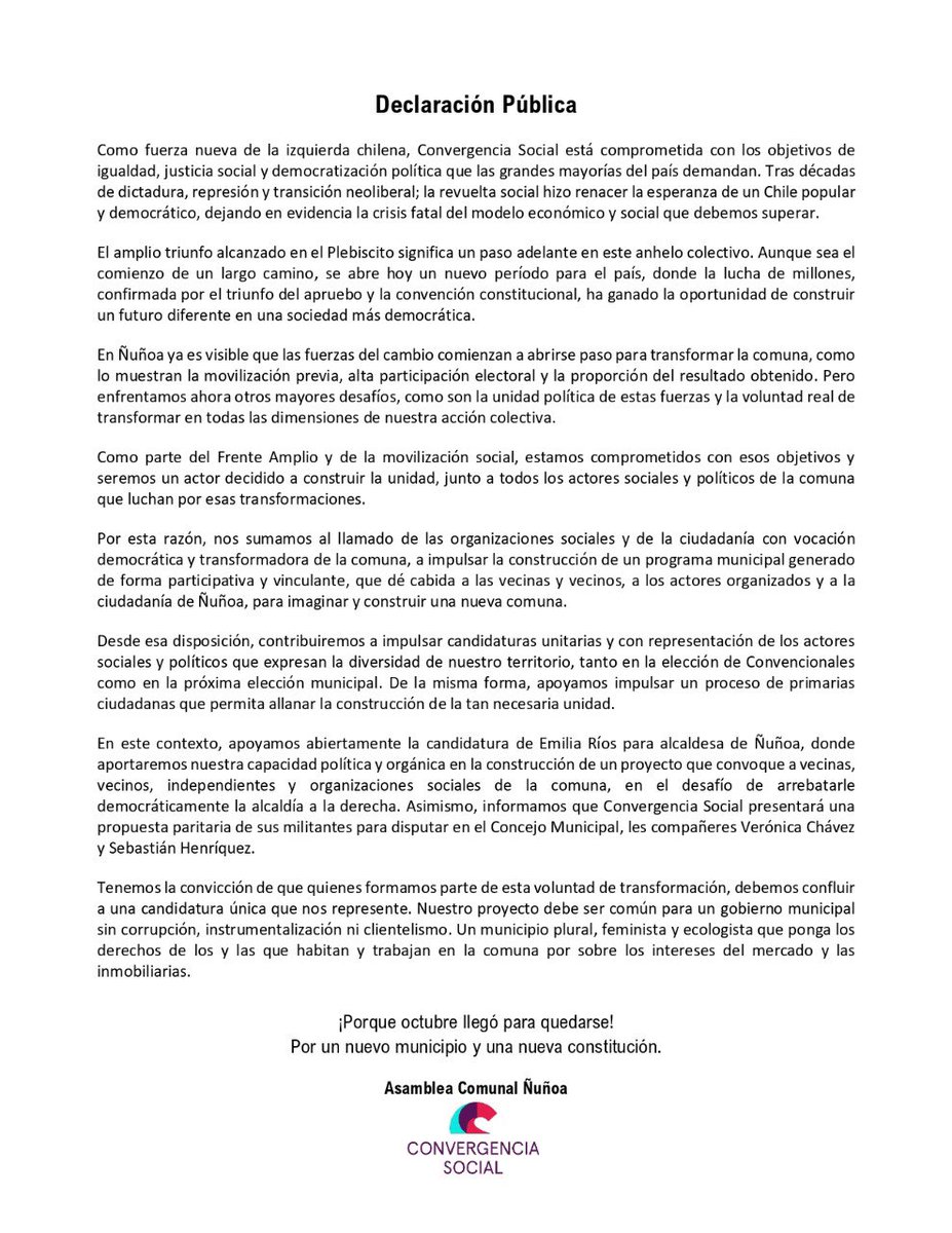 cs_nunoa's tweet photo. Declaración Pública CSÑ
“nos sumamos al llamado de las organizaciones sociales y la ciudadanía con vocación democrática y transformadora de la comuna, a impulsar la construcción de un programa municipal generado de forma participativa y vinculante” https://t.co/k6PCMGR5HH