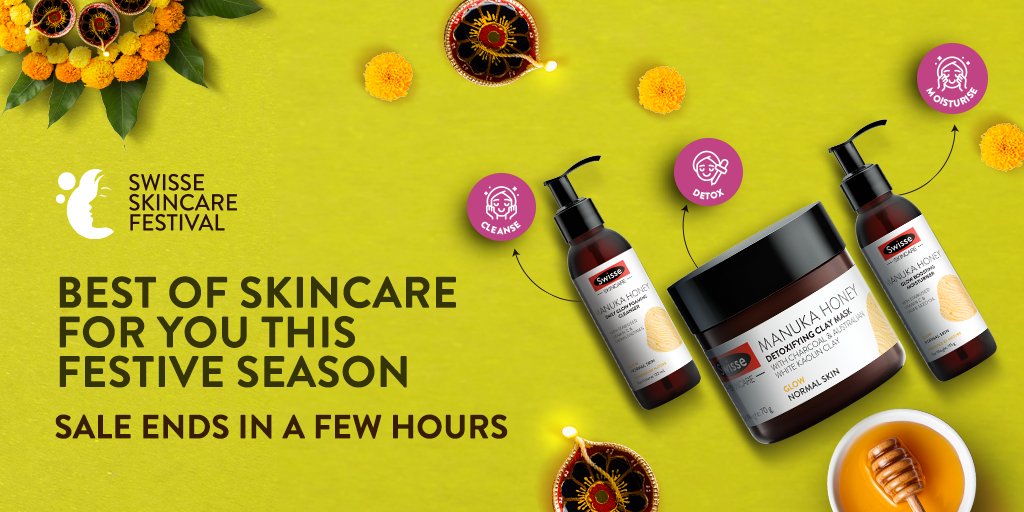 SwisseIndia's tweet photo. Going, going, gone. The skintastic offers on Swisse Skincare will be gone in a few hours. So don’t miss this opportunity to get up to 45% off + Extra 10% on #Swisse #Skincare on a purchase of 1499 and above on the #SwisseSkincareFestival. Shop now https://t.co/ICodhqAZpq https://t.co/yAIZeIfQJy