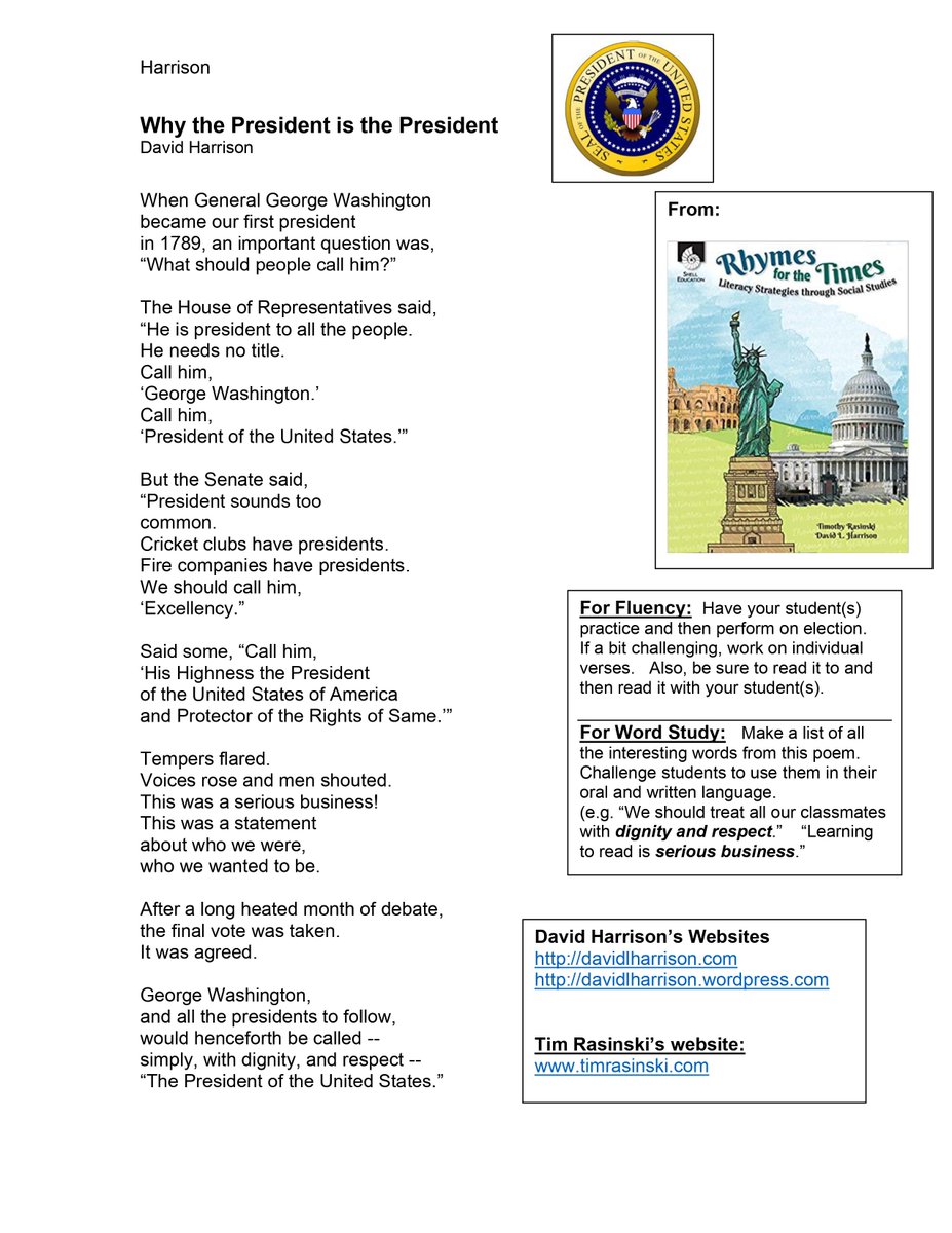TimRasinski1's tweet photo. 1 of 3 Fluency Friday!   (pls check p 3 of this tweet)

Here's a follow-up Fluency Lesson to Wed's Word Ladder - Presidential Election. Have your student(s) rehearse (rptd rdg) &amp; perform the poem below by David Harrison.  Follow w word study from the poem.
@ILAToday @NWEA @TCRWP https://t.co/8pZxGYZEon