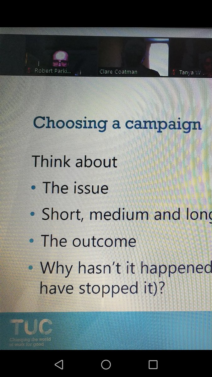 rwparkinson's tweet photo. Really enjoying the @TUC_LESE virtual Future Leaders programme so far. Great training from @clarecoatman earlier on organising a campaign #YWM2020 https://t.co/Z01yfukP7I