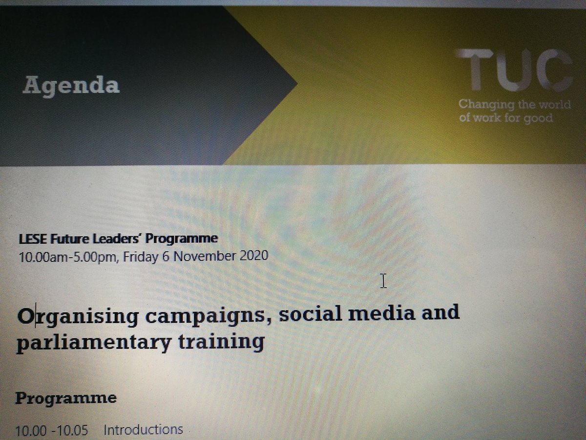 rwparkinson's tweet photo. Really enjoying the @TUC_LESE virtual Future Leaders programme so far. Great training from @clarecoatman earlier on organising a campaign #YWM2020 https://t.co/Z01yfukP7I