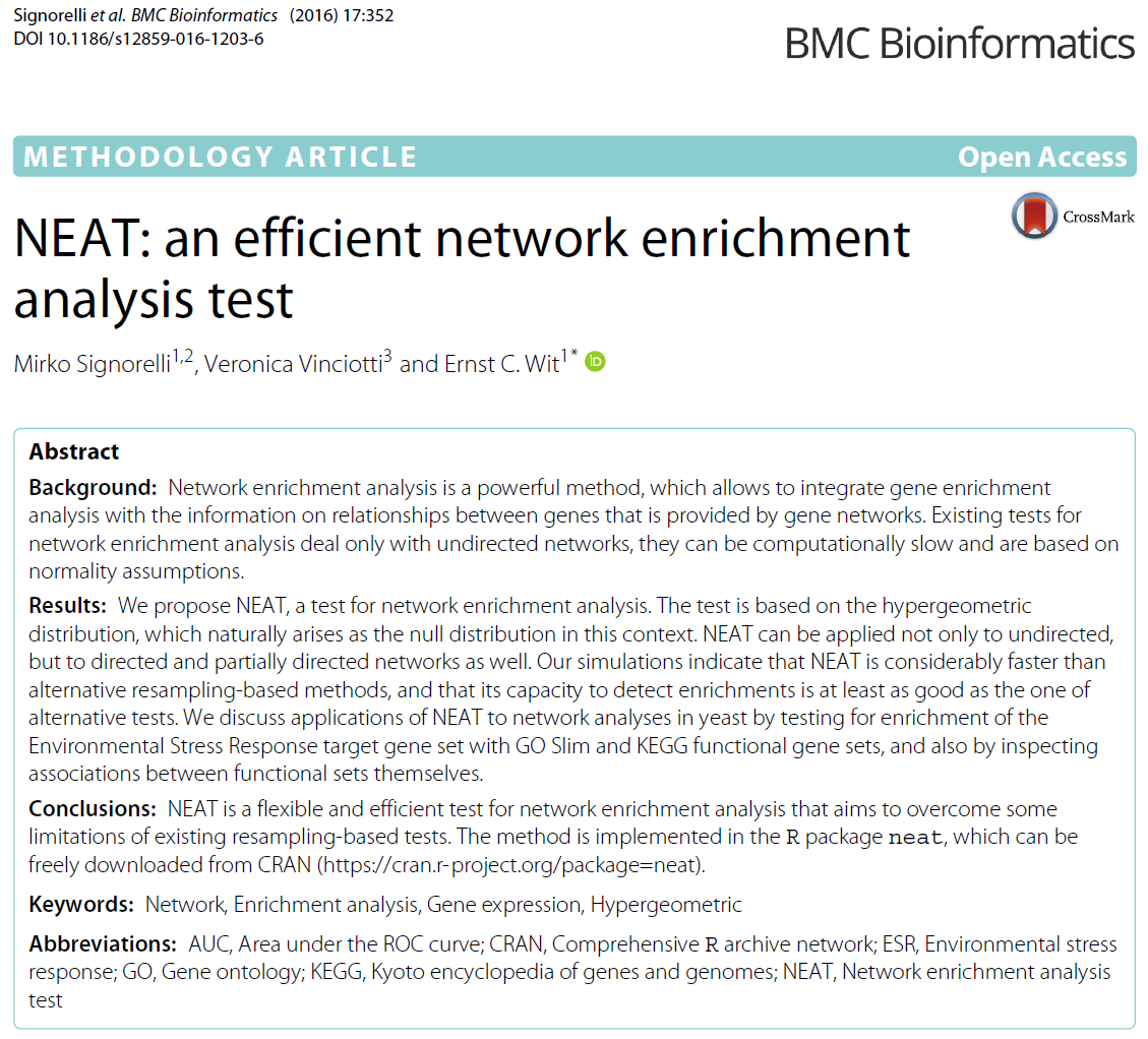 signormirko's tweet photo. News: our NEAT test for network enrichment analysis can now can be computed using not just one, but two #rstats packages: #neat and #EnrichmentBrowser!
(The addition of NEAT to #EnrichmentBrowser is a nice consequence / outcome of #Bioc2020!) https://t.co/2HEgdl3FOH