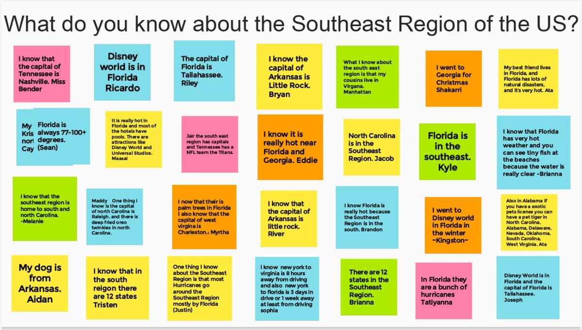_SBender's tweet photo. We used @googlejamboard yesterday to create our KWL anchor chart on the Southeast Region. Everyone added one sticky note with what they already know. Today we will fill a 2nd frame with what we want to know and at the end we will add what we learned! #virtualteaching #teachnb https://t.co/XBkmcZc9Uk