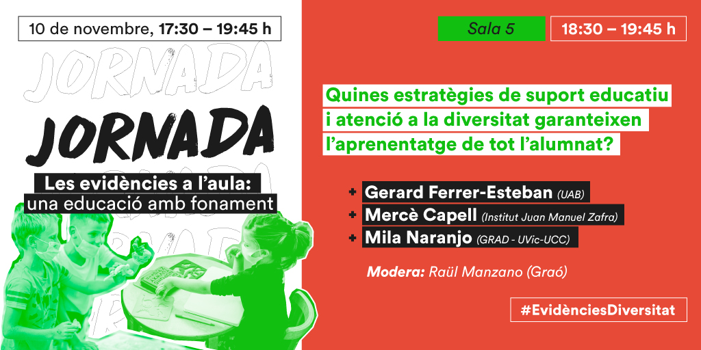 Què sabem sobre les estratègies d’atenció a la diversitat? Com podem assegurar l’aprenentatge de tot l’alumnat? 

La resposta, a #EvidènciesDiversitat amb Gerard Ferrer i Mila Naranjo i l’experiència de <a href="/merce_capell/">mercè capell</a> a l’@IJMZafra.

💬 Participa-hi! es.padlet.com/ncomas/diversi…