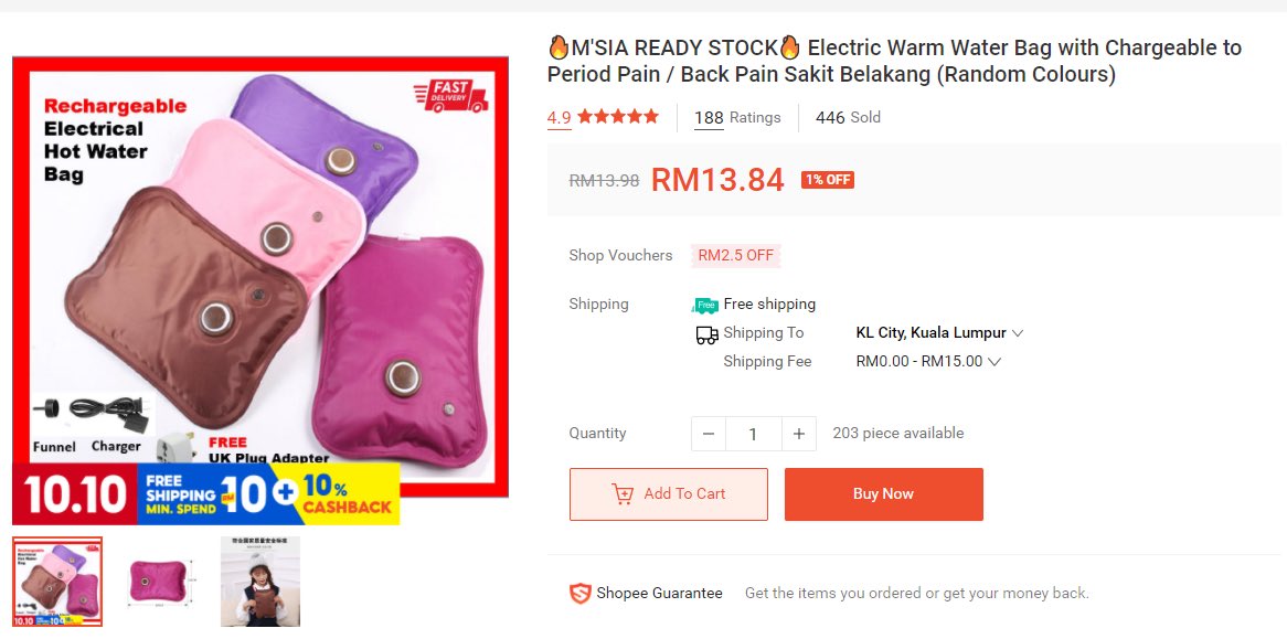 Electric Warm Water Bag (Chargeable) https://shopee.com.my/%F0%9F%94%A5M'SIA-READY-STOCK%F0%9F%94%A5-Electric-Warm-Water-Bag-with-Chargeable-to-Period-Pain-Back-Pain-Sakit-Belakang-(Random-Colours)-i.72220584.7325818564This product is so convenient sebab tak payah tukar dah air dalam bag ni every time nak pakai. Just isi je air once, lepastu kalau nak panaskan kita charge for 5-8 mins dah boleh tahan min 3 hours