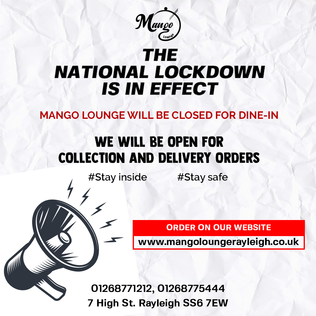 LoungeMango's tweet photo. The National lockdown is in effect.
Mango Lounge will be closed for dine-in.

We will be open for Collection and Delivery orders
Call us or Order on our Website

#mangolounge #rayleigh #rayleighrestaurant #essex #foodies #foodie  #indianfood #collection #delivery #takeaway https://t.co/IWyzWmf8M6