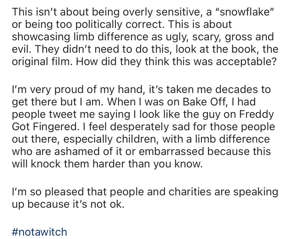 brionymaybakes's tweet image. I’m so angry and upset that I can’t not say anything anymore. The new Witches film is devastating for those of us with a limb difference or anyone with a disability in fact. Here’s my post from Instagram, please take the time to give it a read: 
#TheWitchesMovie #NotAWitch