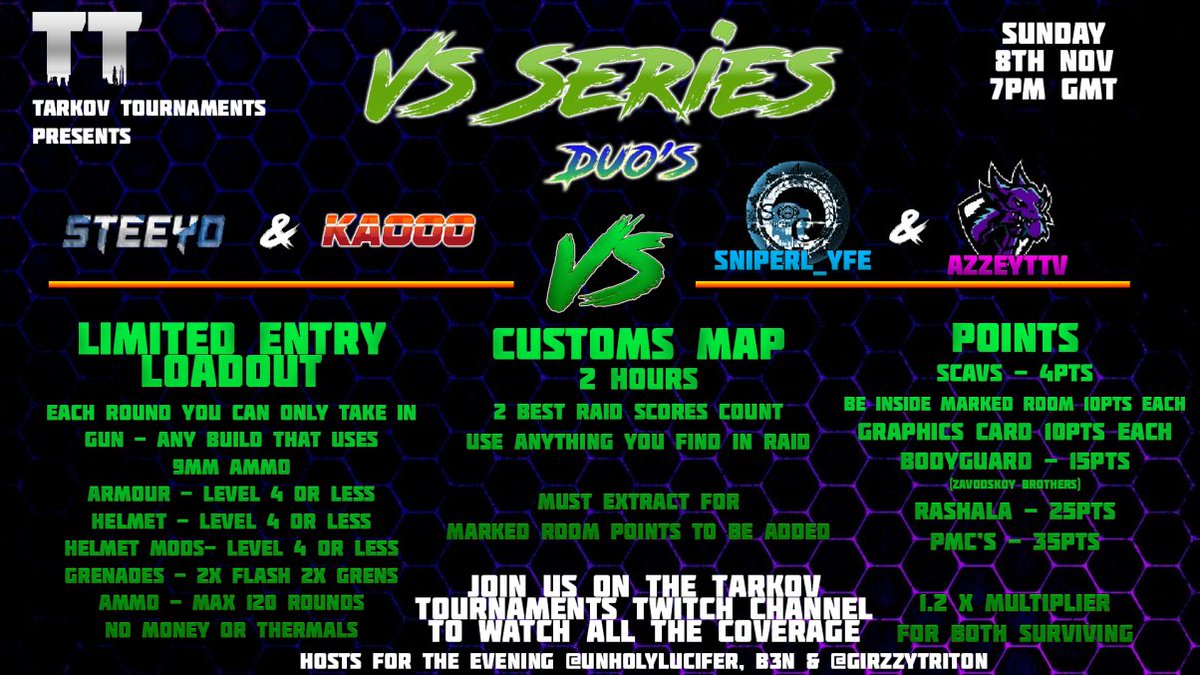 GrizzlyTriton's tweet image. Excited for this...
This Sunday my little bear cubs I have been invited to co host a #EscapefromTarkov Tournament, so drop a follow and see the all the action from 7PM GMT  twitch.tv/tarkovtourname…