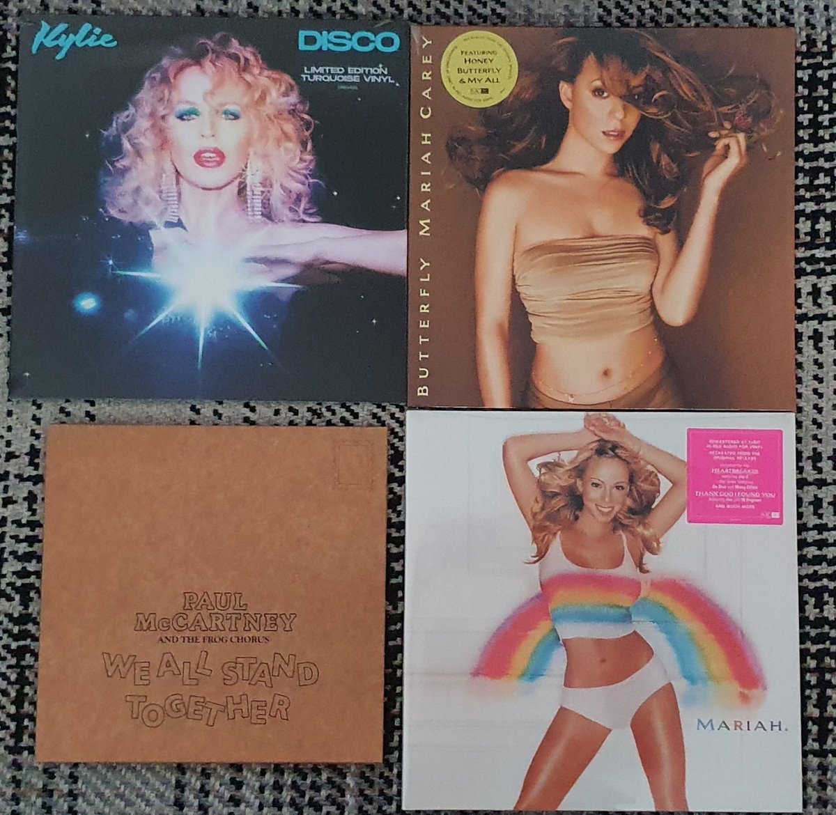 derekcburgess's tweet photo. Also just arrived @kylieminogue #Disco #LimitedEdition #TurquoiseVinyl @MariahCarey #Butterfly #BlackVinyl #Rainbow #DoubleDiscBlackVinyl & @PaulMcCartney #AndTheFrogChorus #WeAllStandTogether #ShapedPictureDisc (was the first 7" single I ever bought with #FiveStar #SystemAddict) https://t.co/VDeDccj26y