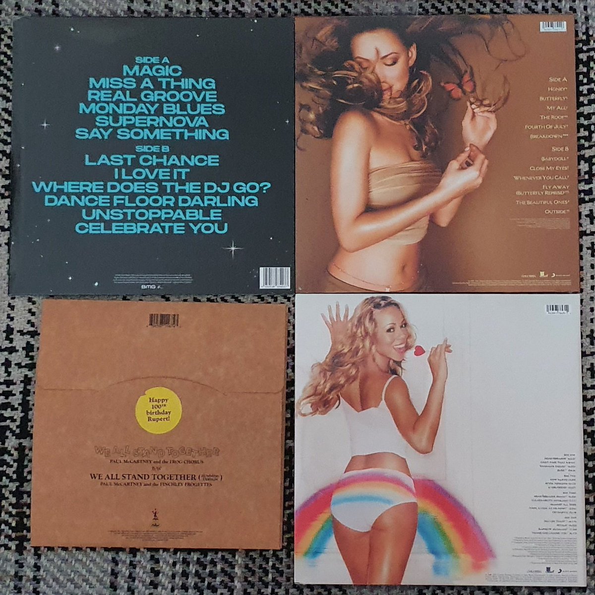 derekcburgess's tweet photo. Also just arrived @kylieminogue #Disco #LimitedEdition #TurquoiseVinyl @MariahCarey #Butterfly #BlackVinyl #Rainbow #DoubleDiscBlackVinyl & @PaulMcCartney #AndTheFrogChorus #WeAllStandTogether #ShapedPictureDisc (was the first 7" single I ever bought with #FiveStar #SystemAddict) https://t.co/VDeDccj26y