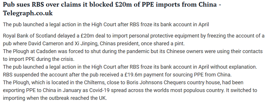 But in June it was reported these materials had yet to arrive, after RBS froze the account of a pub linked to Medicine Box. Medicine Box had paid The Plough at Cadsden £19.6m in April to source 4 million protective overalls from a Chinese supplier, according to court documents.