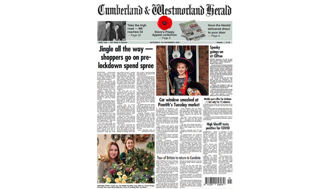 CWHerald's tweet photo. Take a peak at this week's #CWHerald front page! Don't forget you can have our paper delivered straight to your front door — get in touch on 01768 862313 to arrange! #YourLocalNewspaper #Lockdown2 https://t.co/WCL1793rI3