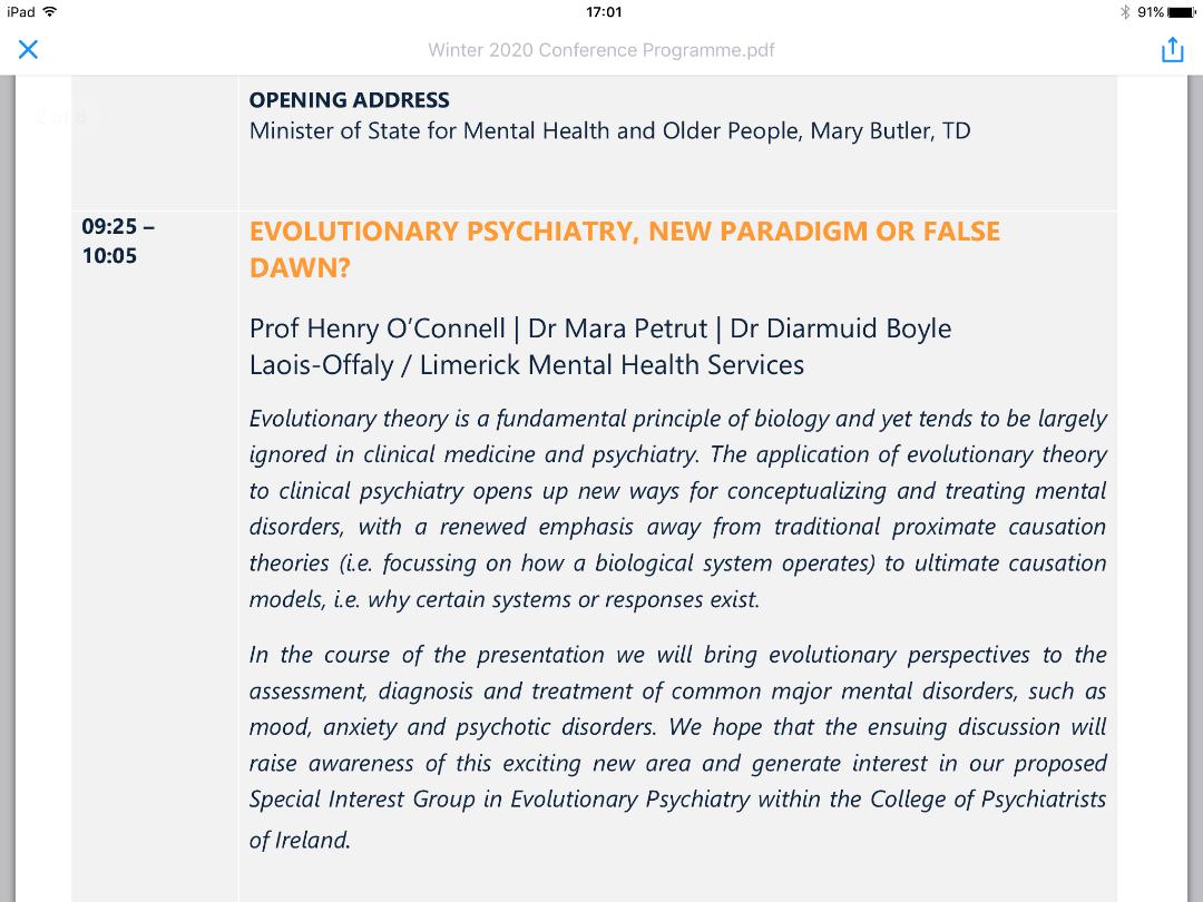 Thanks @IrishPsychiatry for hosting our talk on Evolutionary Psychiatry - great session! - anyone interested in a SIG - email hpoconnell@yahoo.ie @RiadhAbed1 @RandyNesse @Mara_DracDoc @diarmuidboyle #psychconf #Evolution #Psychiatry @rcpsych @APAPsychiatric @evmedasu