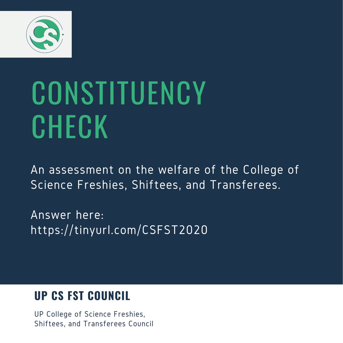 updcsfstc's tweet photo. [CONSTITUENCY CHECK]

Good day CS FSTs! The Council would would like to better understand the situation its constituents are under.

Answer the FST Sensing form survey at https://t.co/XIDFwmkyWo

#faCSonly
#SiyentistaNgBayanNgayonAyLumalaban https://t.co/pGcnb1wdLL