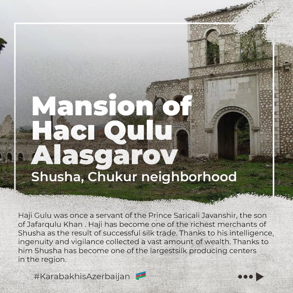 Senemmm01's tweet photo. Haji Gulu mansion is one of the examples of architectural cultural heritage of Azerbaijan. It was cruelly damaged by #Armenia. Amazed by everyone at its time, Haji Gulu mansion will be saved and restored. 
#KarabakhisAzerbaijan
#StopArmenianAggression 
#StopArmenianOccupation https://t.co/sZjy1sKaVx