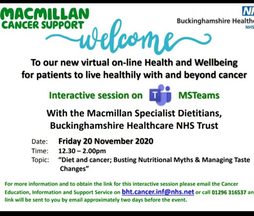 Please join our fantastic Macmillan Dietitians in their first virtual wellbeing event on 20th Nov; they will be busting myths about diet and cancer & tackling taste changes @DietitianSophie @RenuBansilRD @angelabrooke15 @nutritionlizA @BegentDebbie @ElsaRobson @BucksHealthcare