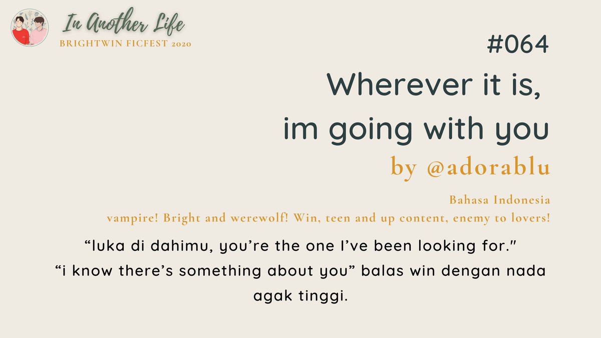 bwficfest's tweet photo. #064: Wherever it is, im going with you
by @adorablu
๐https://t.co/IvvS72sQ7C
Bahasa Indonesia
vampire! Bright and werewolf! Win, teen and up content, enemy to lovers
#BWInAnotherLife https://t.co/ywIe54m0RY