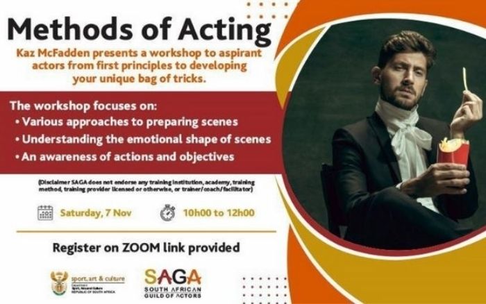 TheCallsheetSA's tweet photo. SAGA in association with the Department of Sport, Art and Culture, and Kaz McFadden presents "Methods of Acting".
Date: 7 November 2020
Time: 10AM - 12PM
Registry: https://t.co/ucZW48VvFs
#sagactors #methodofacting #callsheetafrica https://t.co/XeZ8Xrj8jt
