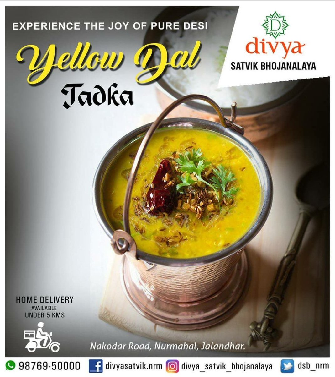 dsbnrm's tweet photo. Experience the joy of pure desi Yellow Dal Tadka with your favourite Indian bread so Reserve your tables now at
π DIVYA SATVIK BHOJANALAYA
Nakodar Road, Nurmahal, Jalandhar. π +91 9876950000
#yellowdaltadka #tadkadal #yellowdal #alltimefavourite #delicious https://t.co/oLgtQb1hoO