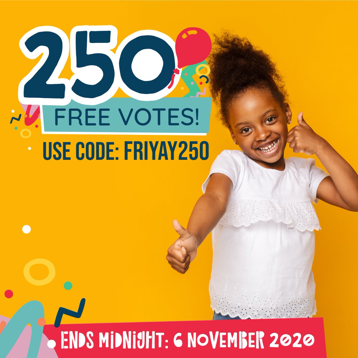 CuteKidZA's tweet photo. Don't miss out on free votes. We have a #bonus code available. Simply type FRIYAY250 for 250 free #votes for any Kid taking part in November Cute Kid competition. https://t.co/dZ4hBYcfs3