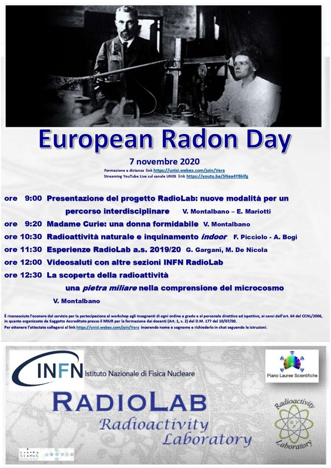 unisiena's tweet photo. 7/11. #EuropeanRadonDay
H. 9, nella stanza virtuale su Webex:
👉https://t.co/OwuKCcraa6
L'evento sarà trasmesso in streaming sul canale YouTube dell'Università di Siena
La giornata è dedicata a festeggiare il compleanno della scienziata #MarieCurie.
https://t.co/0hbRsNQK1s https://t.co/OR07wR4F6p