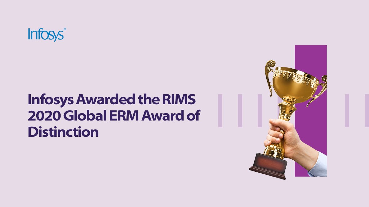 Infosys's tweet photo. Infosys awarded RIMS 2020 Global ERM Award Of Distinction. Recognized for empowering organizations to transform digitally &amp; leveraging #technology to enhance products and services. https://t.co/NYWPQMUZQc @RIMSorg @dpadaki #InfyNews #Award #Digital #RIMSERMConf https://t.co/evLOb1vcay