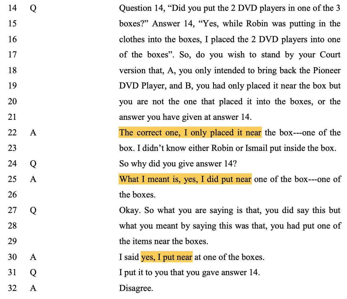 14) (contd) But in court, Parti clarifies that she put it *near* the box, not *into* it. The prosecutor sought to impeach her credibility based on the above police statement. But this discrepancy can be explained by linguistic differences between BI and BM.
