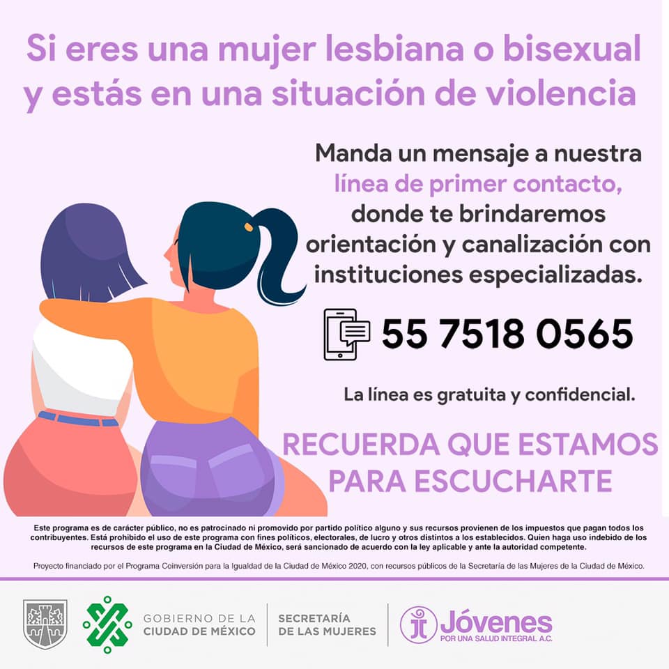 SeMujeresCDMX's tweet photo. Las crisis impactan con más fuerza a las poblaciones de grupos prioritarios. La pandemia ha expuesto a más violencia a las mujeres bisexuales y lesbianas.
Por ello, @JovenesSaludInt y #SEMUJERES brindan orientación gratuita y confidencial
#proyectocoinversion2020 https://t.co/wt9SsatwMd