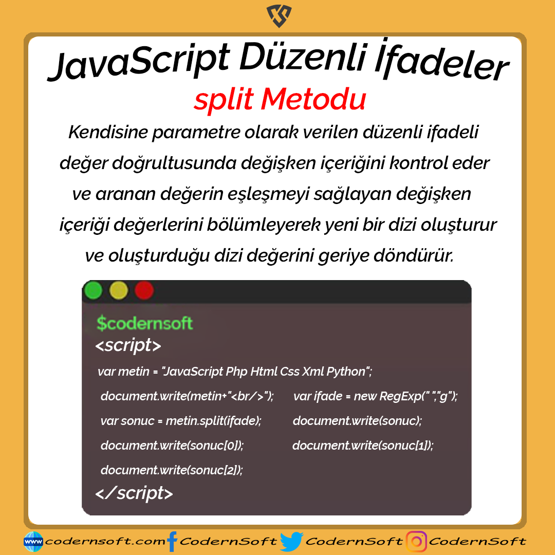 JavaScript - Düzenli İfadeler - split Metodu
codernsoft.com
#js #JS100 #javascript #javascript30 #php #code #Software #GFKvBJK #tadımızKacmasın #HayirliSabahlar #IstanbulDepremiOlursa #vazgecin