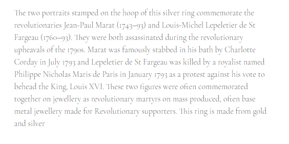 EcritsHistoire's tweet photo. Sur https://t.co/2F23CciZcE , un bague en or et argent commémorant 3 (et non 2 comme dans l'annonce en anglais) #révolutionnaires : #Marat, #Lepeletier de St Fargeau (tué après son vote condamnant à mort Louis XVI) et le #jacobin lyonnais #Chalier 
https://t.co/coegSv5bHD https://t.co/1CvXxYQWrj