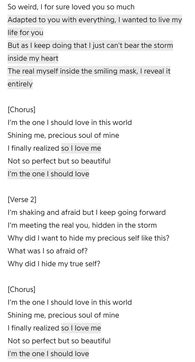 point: to see yourself for what u are - flaws & all - to accept/embrace it. This is your epiphany, heed to it~"I’m the 1 I should luv in this world, shining me, precious soul of mine, I finally realized so I luv me, not so perfect but so beautiful...why did I hide my true self?"